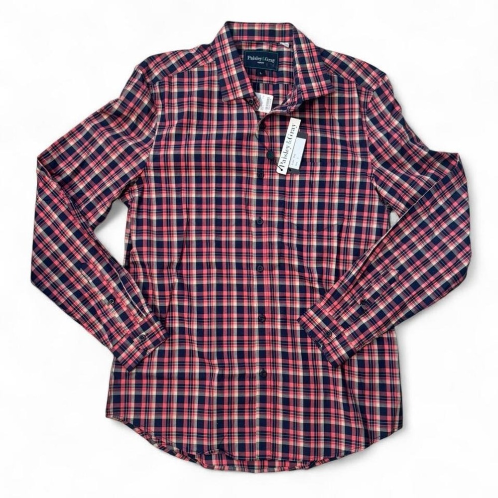 NWT Paisley & Gray Slimfit pink and navy plaid button-up shirt Size L